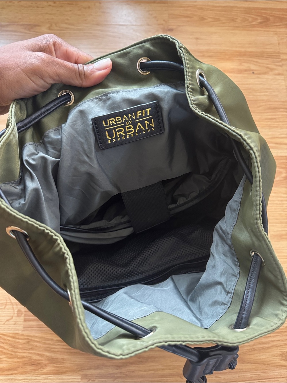 Olive Green Nylon Drawstring Backpack ✨ - Picture 3 of 9